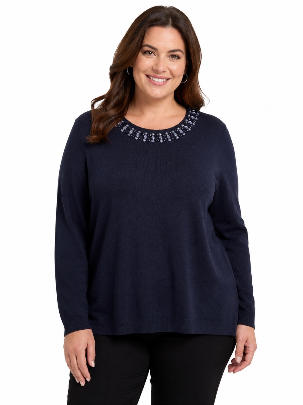Roz & Ali 2X Navy Blue Beaded Embellished Crew Neck Sweater Plus Size Knit